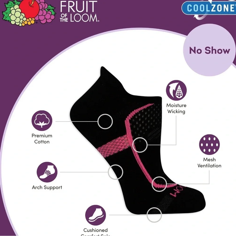 Fruit Of The Loom 6pr.,CoolZone,moisture wick arch support, vented,no-show tab